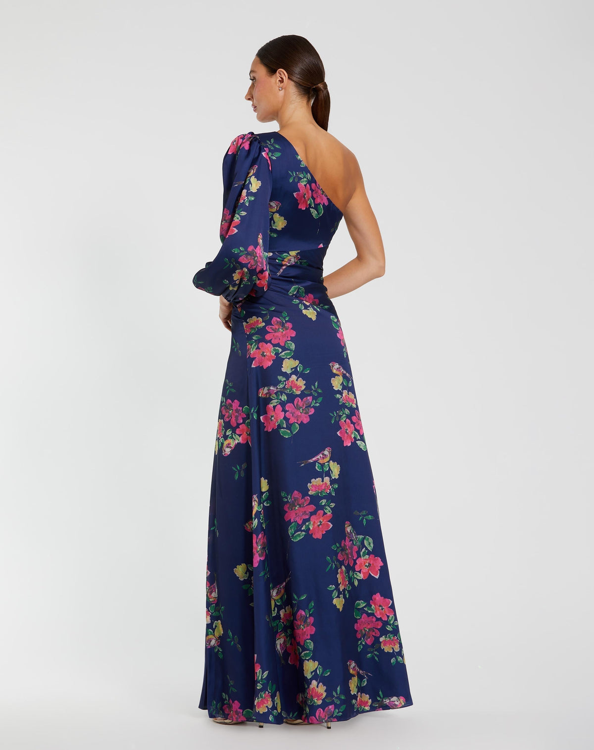Women's Navy Dress Floral - Navy Satin Ruched