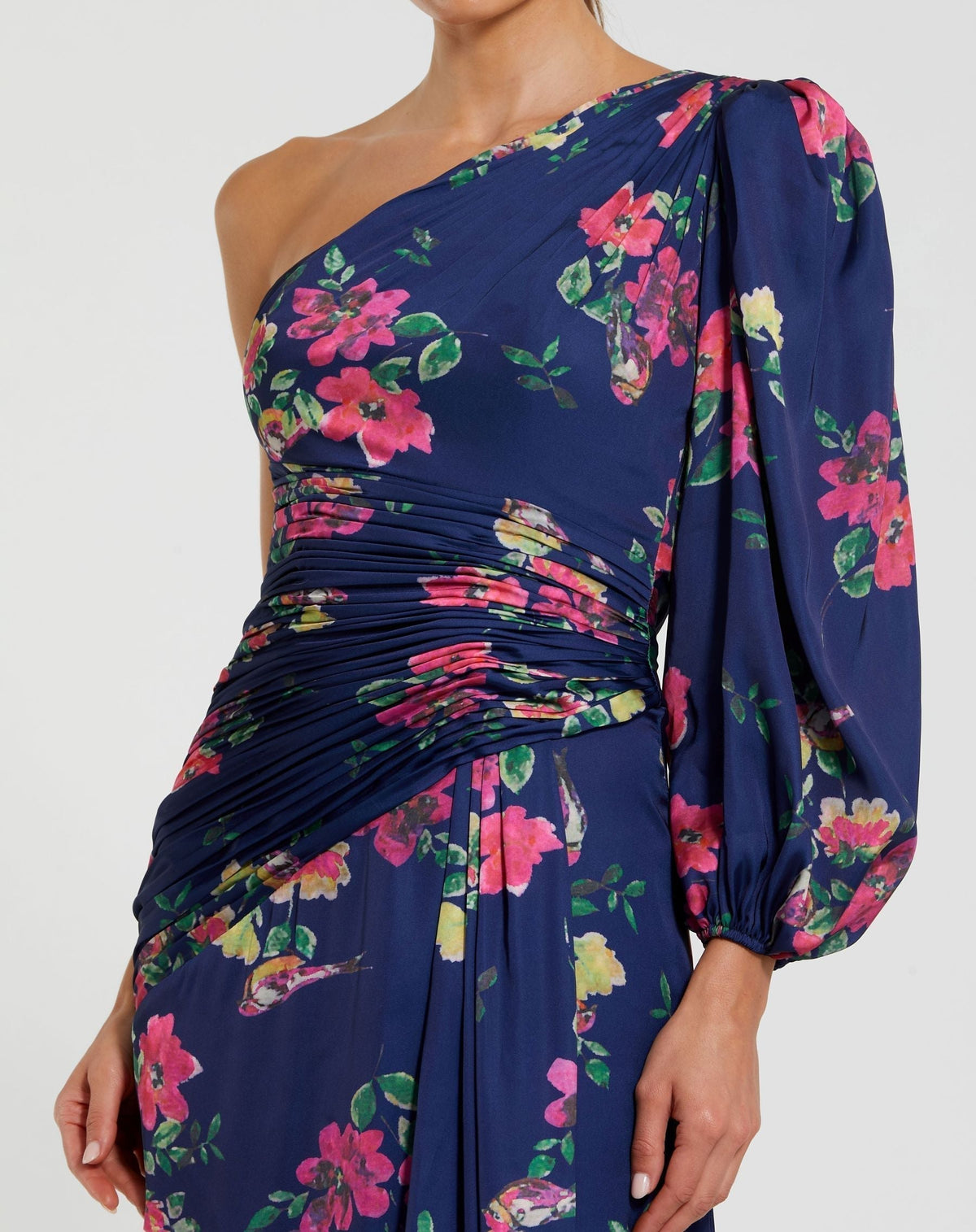 Women's Navy Dress Floral - Navy Satin Ruched