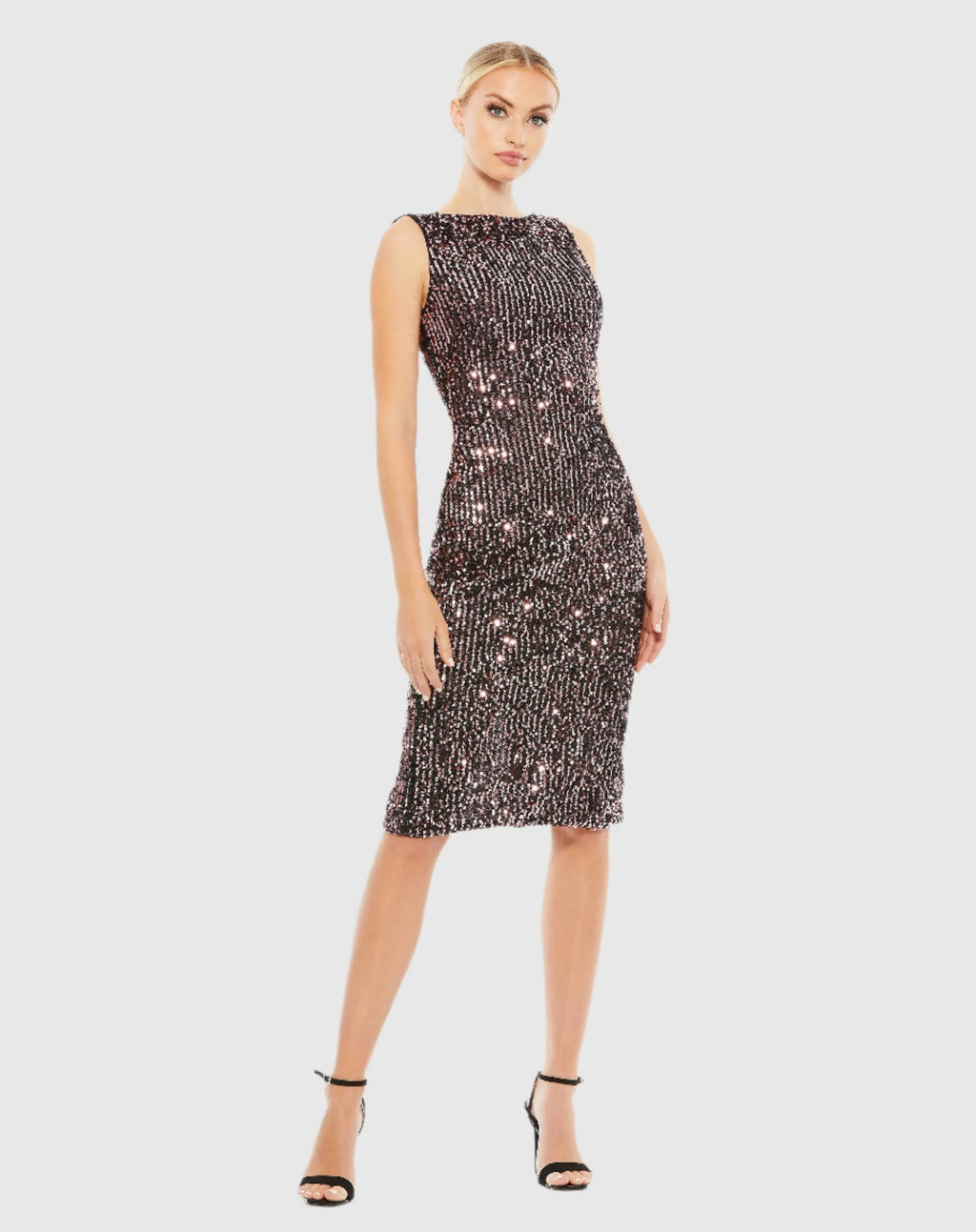 Black and Pink Draped Back Boat Neck Sequined Cocktail Dress