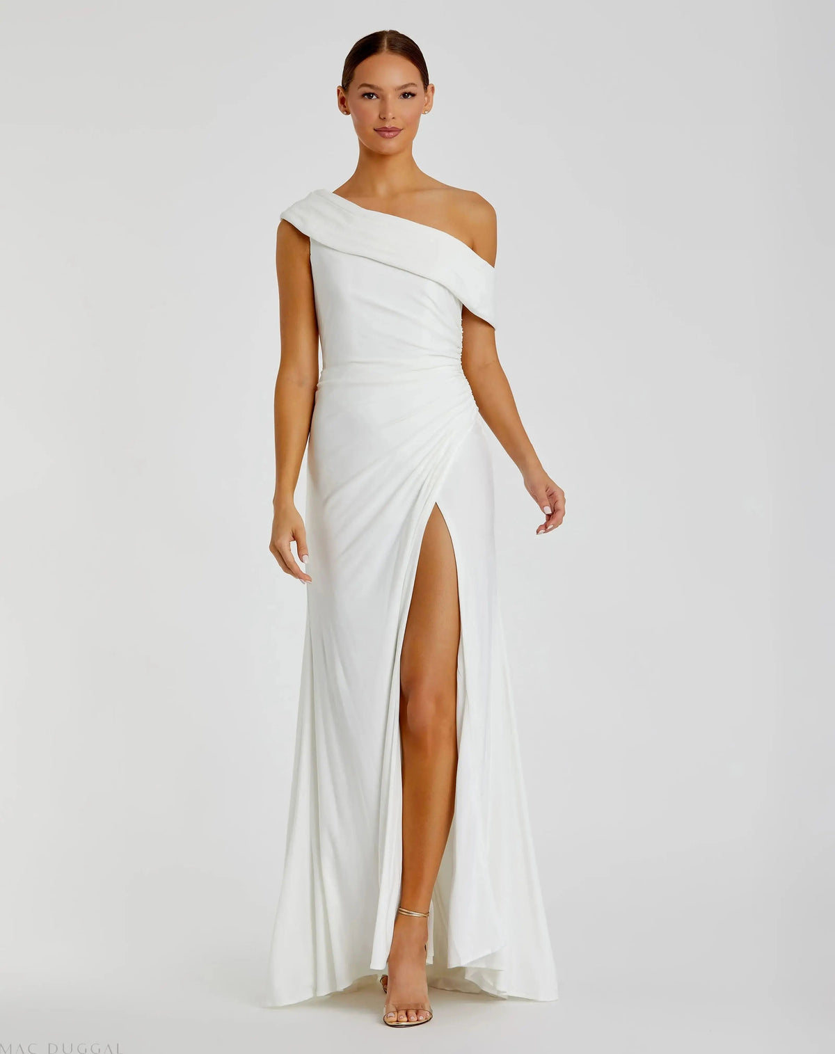 Women's White Dress - Black Ruched One-Shoulder