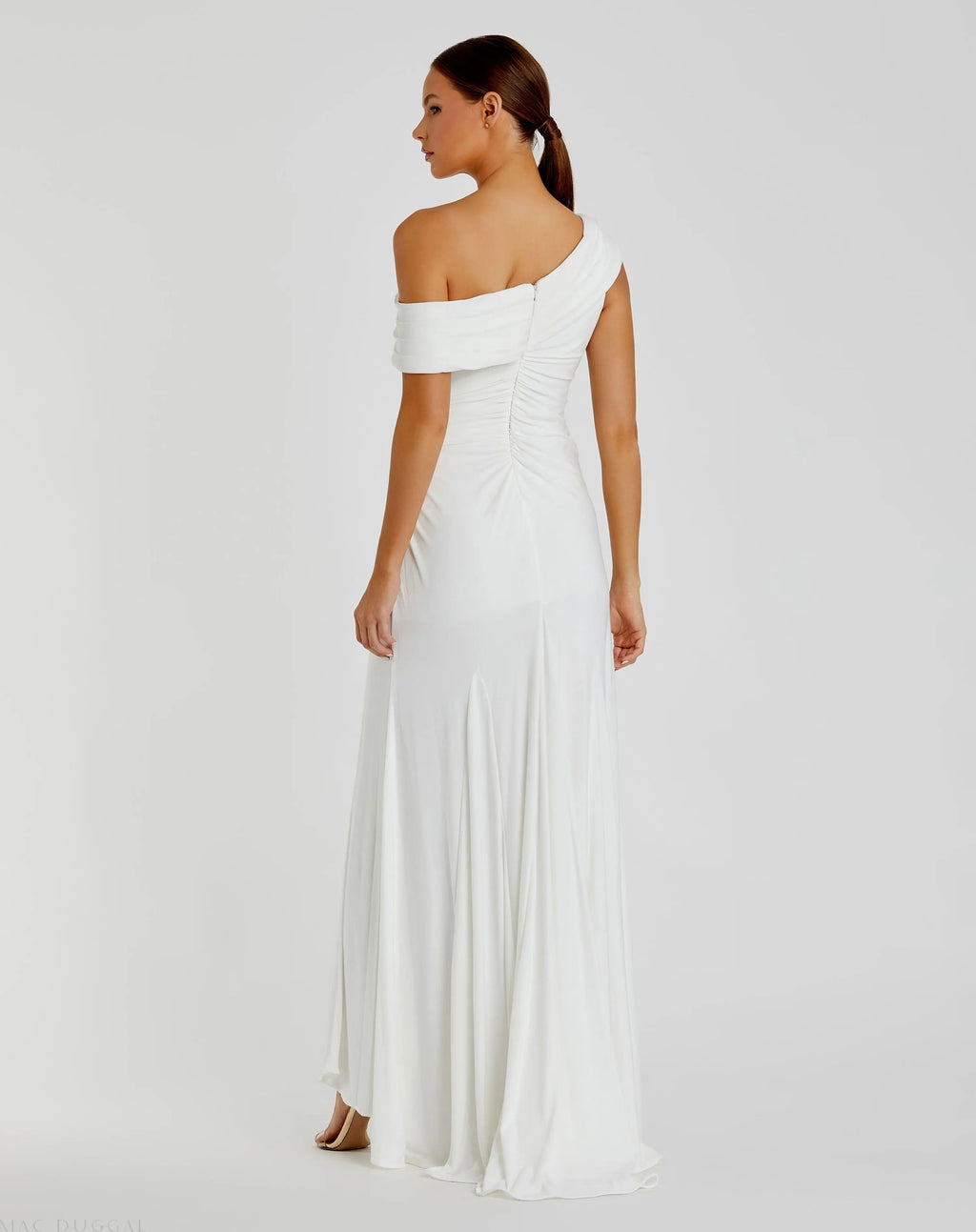 Women's White Dress - Black Ruched One-Shoulder