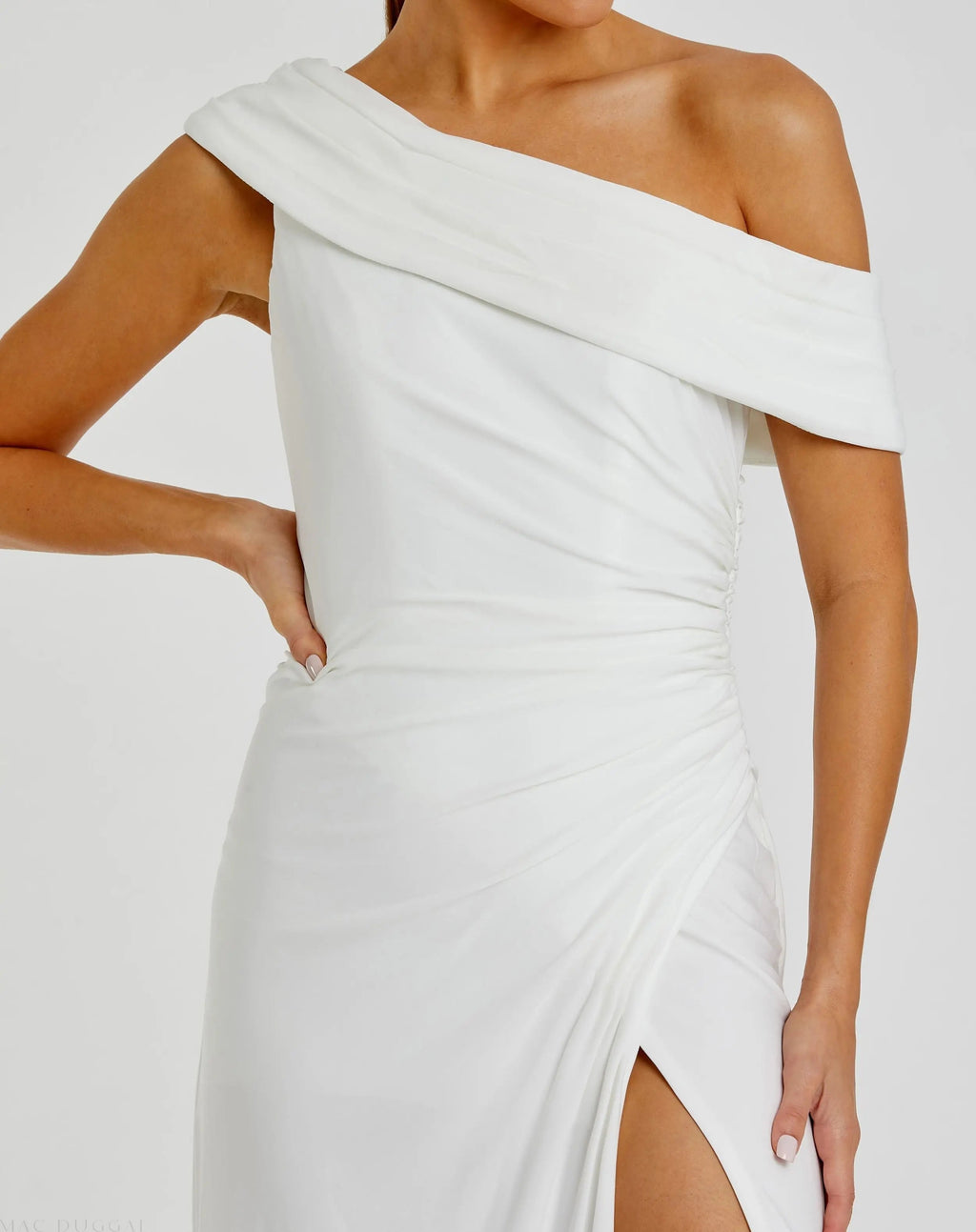 Women's White Dress - Black Ruched One-Shoulder