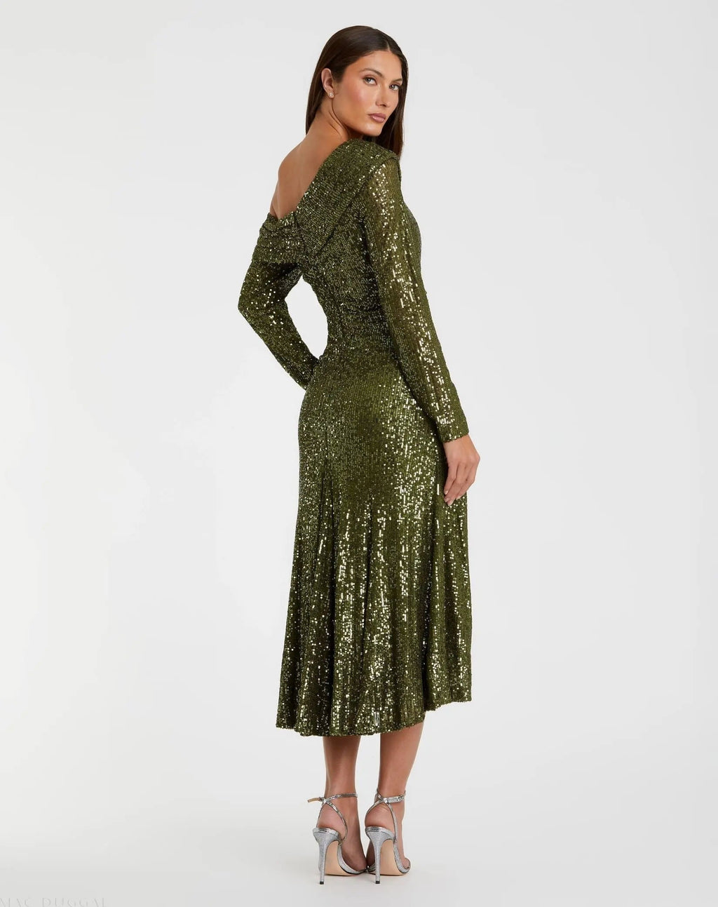 Women's Green Midi Dress Sequin One Shoulder