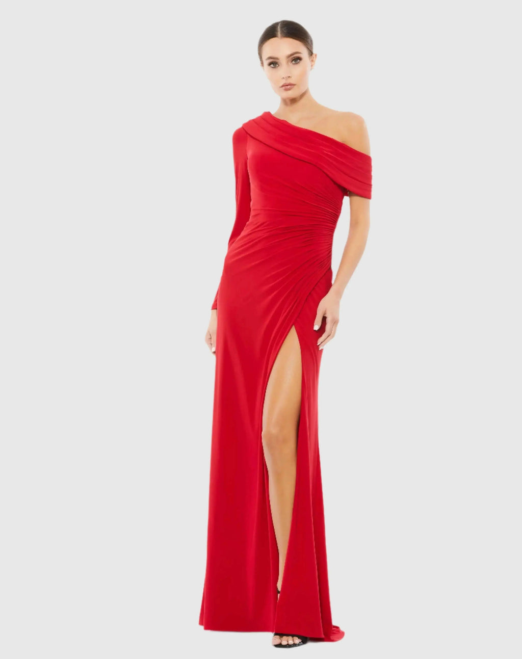 Women's Red Dress Ruched - Red One-Shoulder Asymmetrical