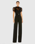 Women's Belted Illusion High Neck Cap Sleeve Jumpsuit