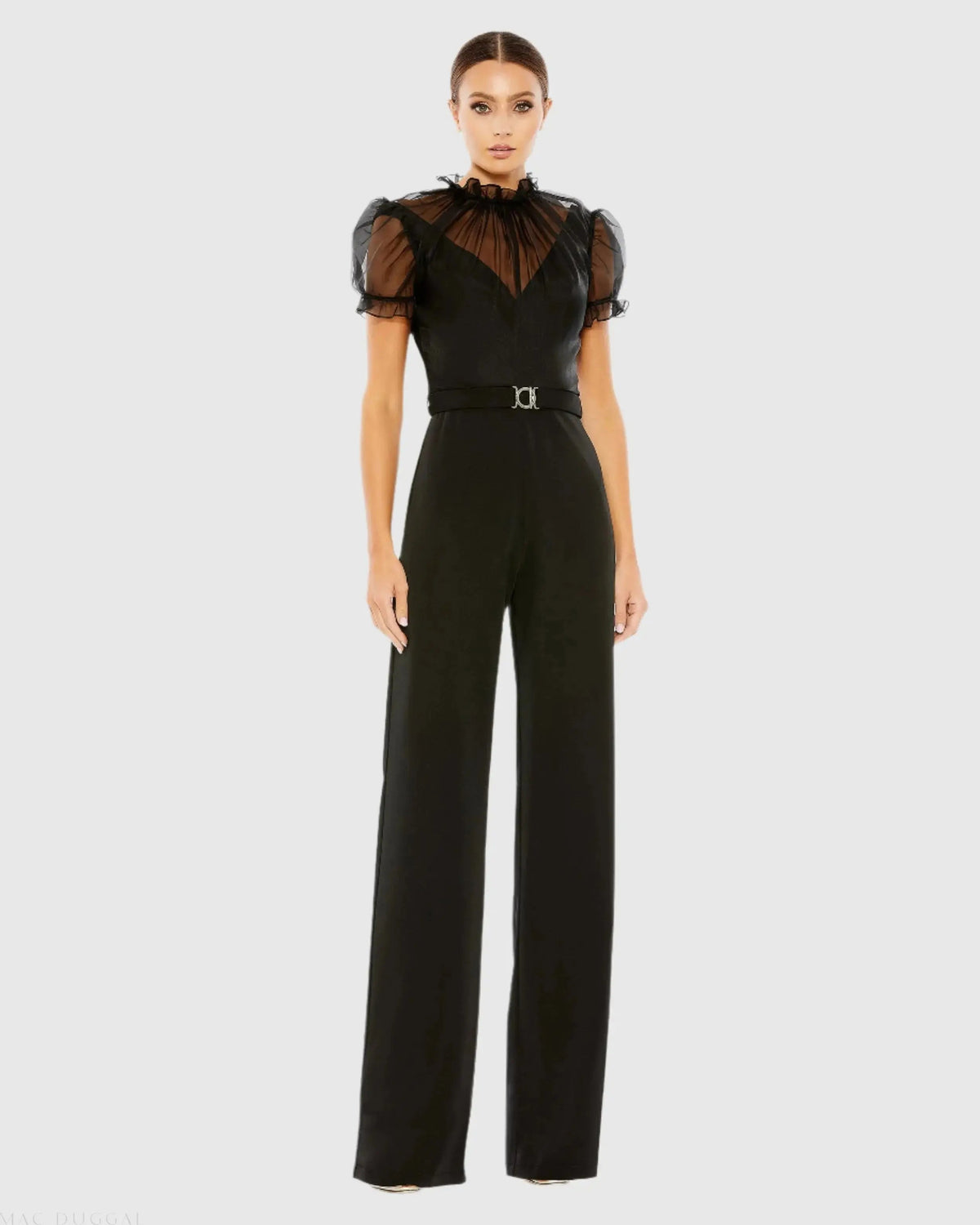 Women's Belted Illusion High Neck Cap Sleeve Jumpsuit