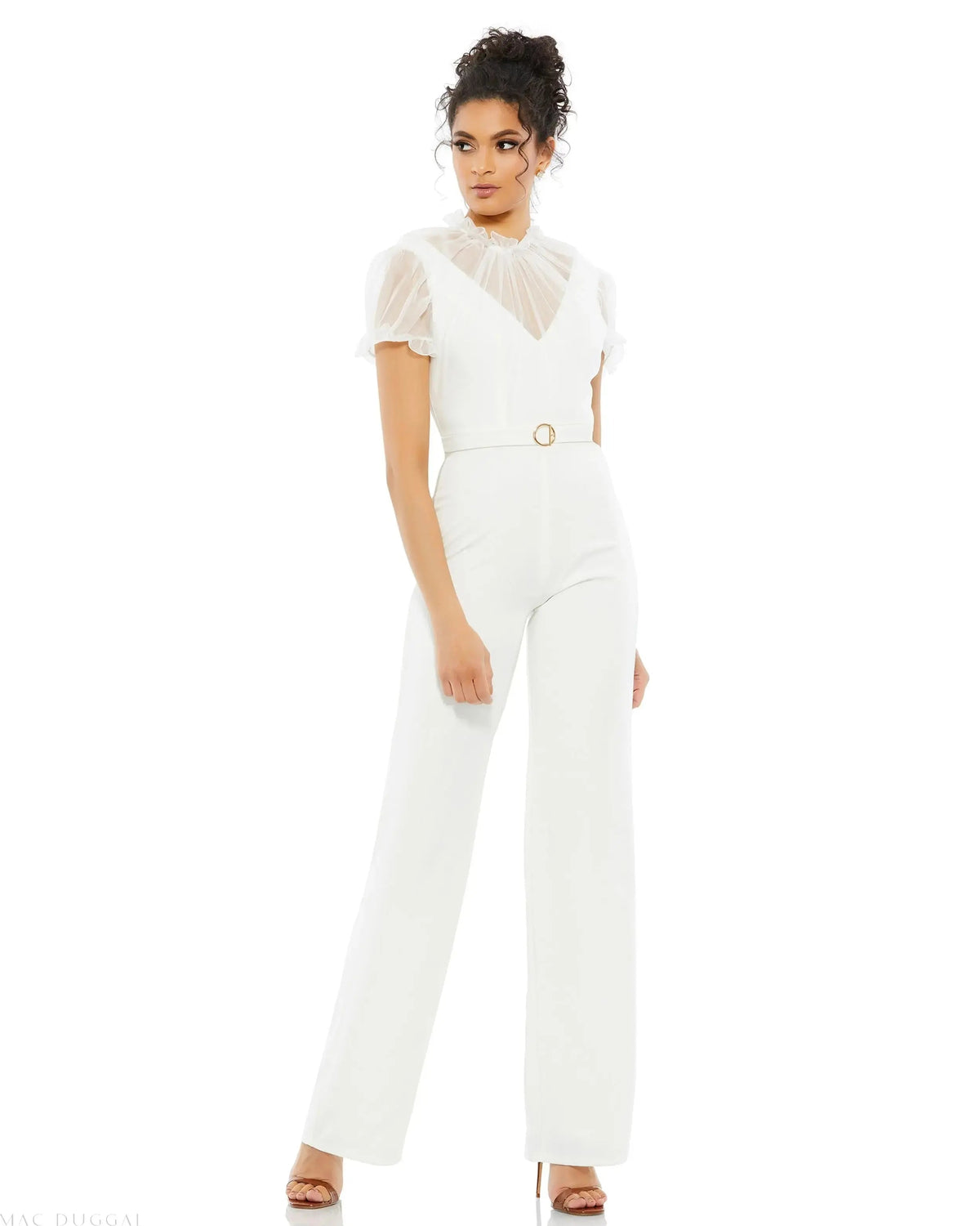 Women's Belted Illusion High Neck Cap Sleeve Jumpsuit