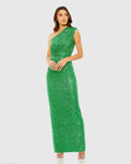 Women's Green Dress Sequin Ruched - Green One-Shoulder Asymmetrical
