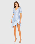 Women's Blue Mini Dress - Blue Satin Ruched