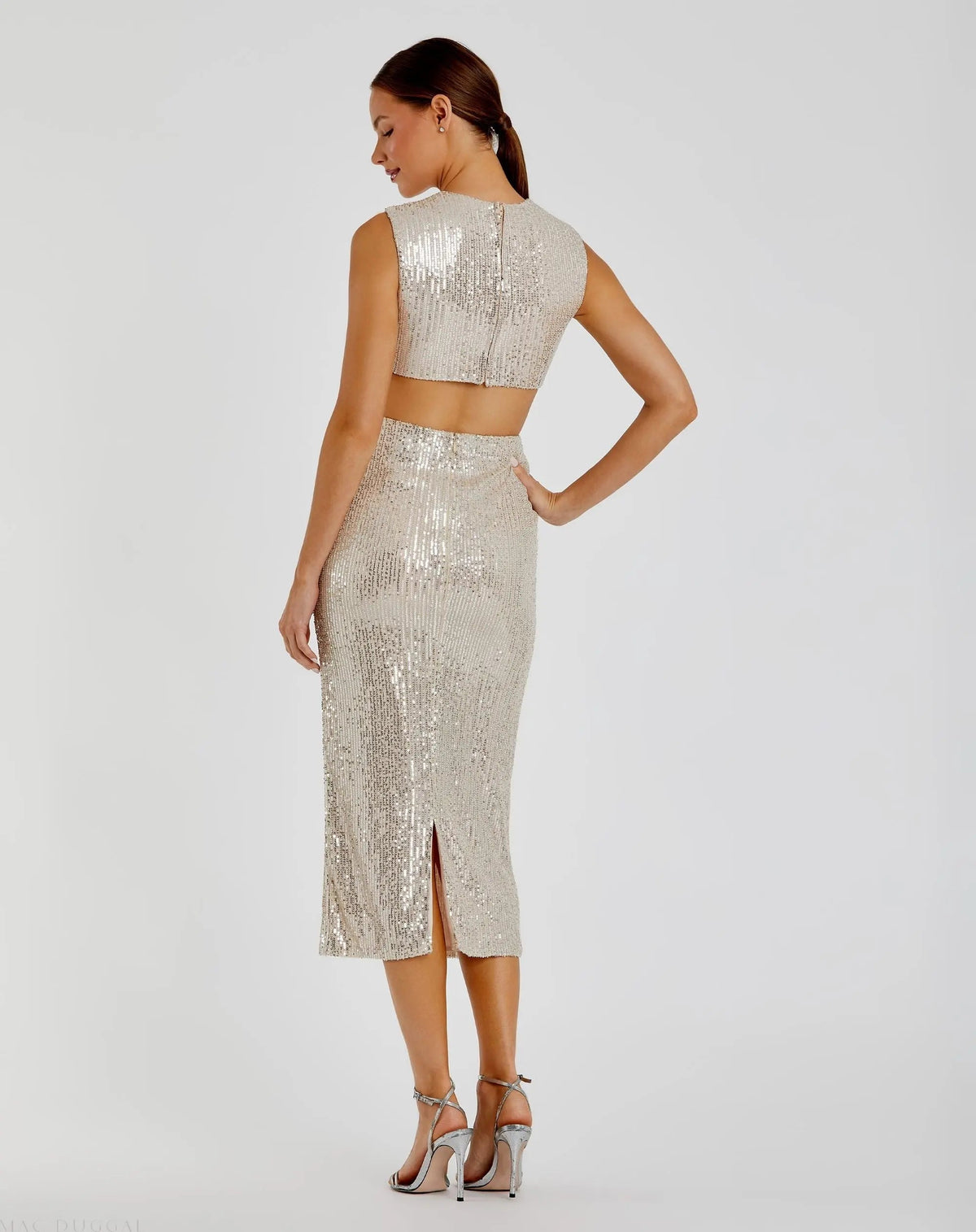 Silver Sequin Front Twist Cut Out Sheath Dress