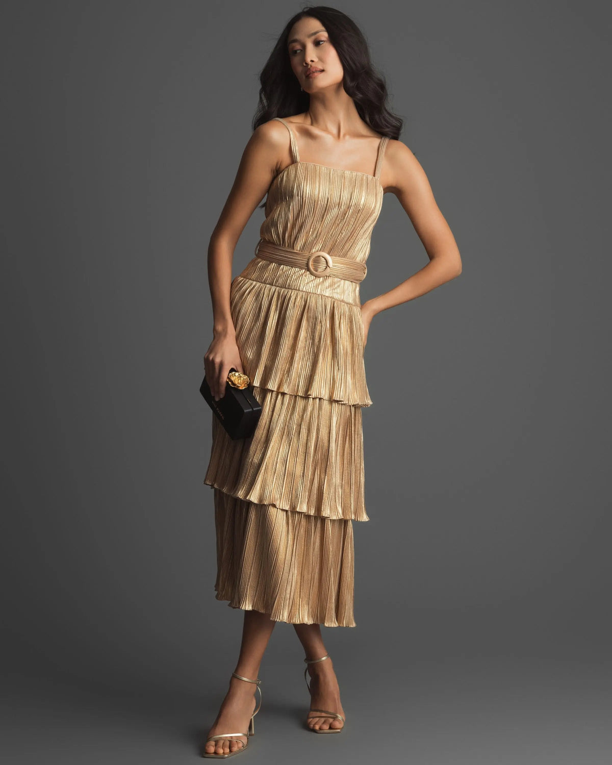 Women's Gold Dress - Gold Ruffle Pleated