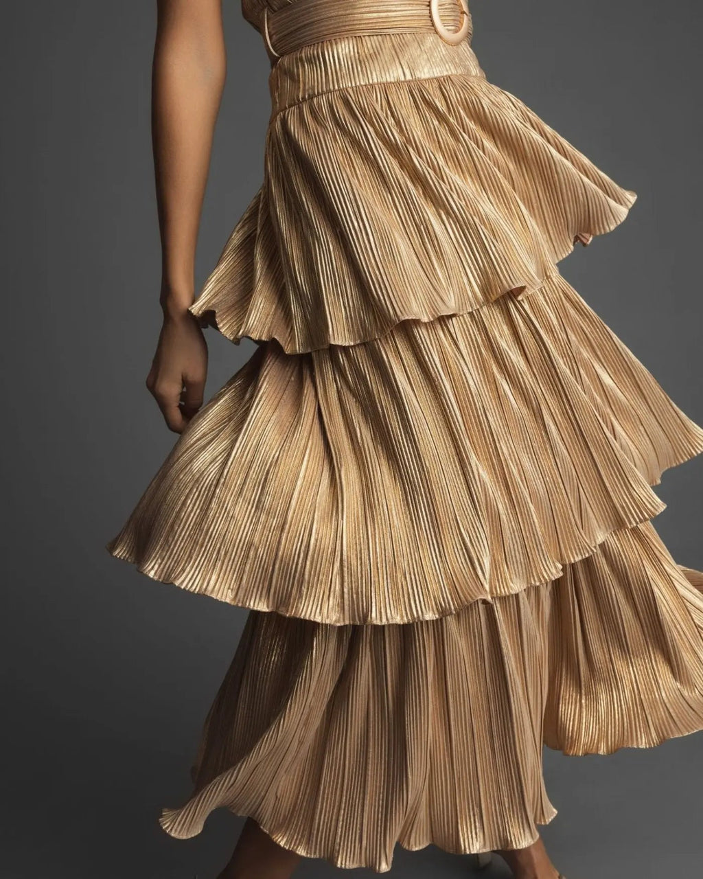 Women's Gold Dress - Gold Ruffle Pleated