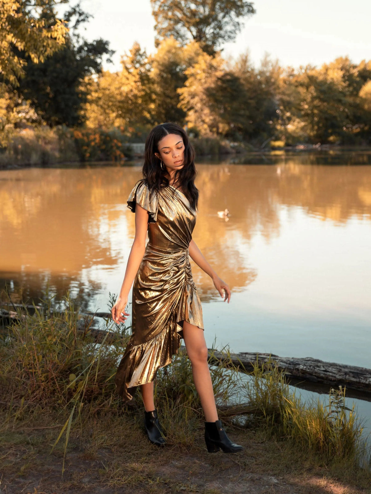 Women's Gold Dress One Shoulder - Gold Ruched One-Shoulder
