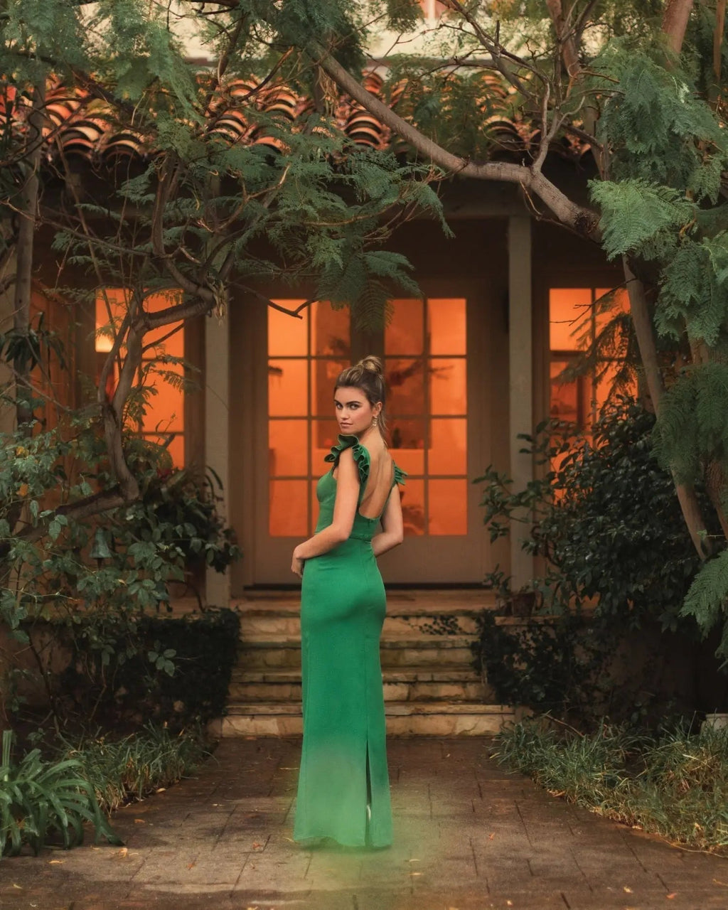Women's Green Dress - Green Ruffle Backless