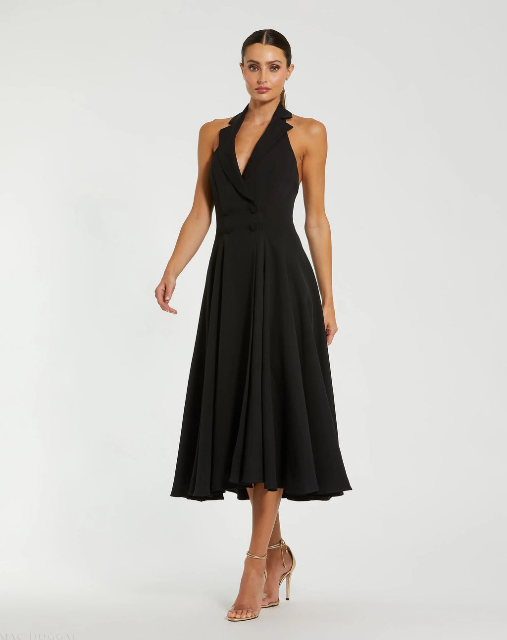 Women's Black Midi Dress Halter Sleeveless - Black