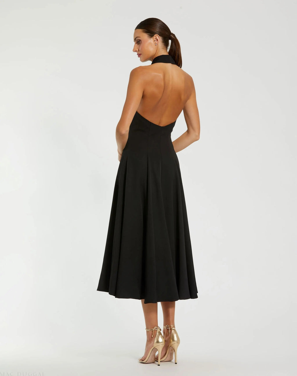 Women's Black Midi Dress Halter Sleeveless - Black