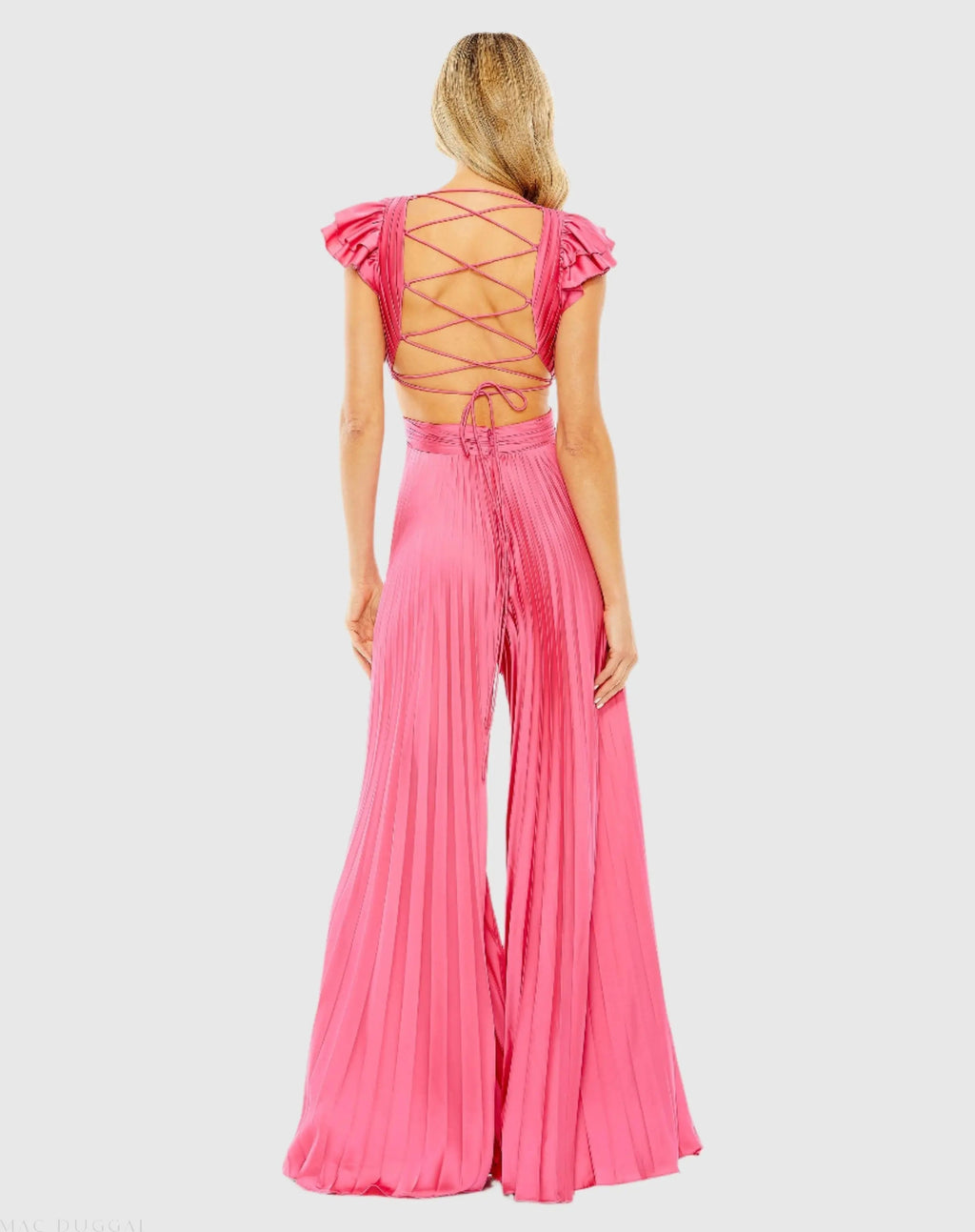 Women's Pink Ruffle Cap Sleeve Cutout Heat Pleated Jumpsuit