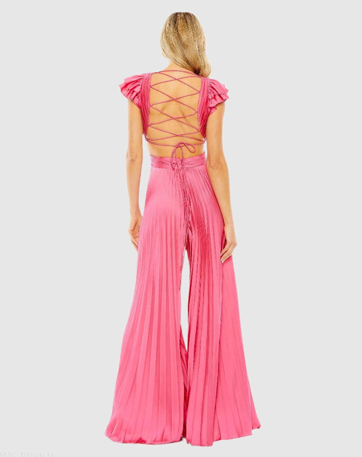 Women's Pink Ruffle Cap Sleeve Cutout Heat Pleated Jumpsuit