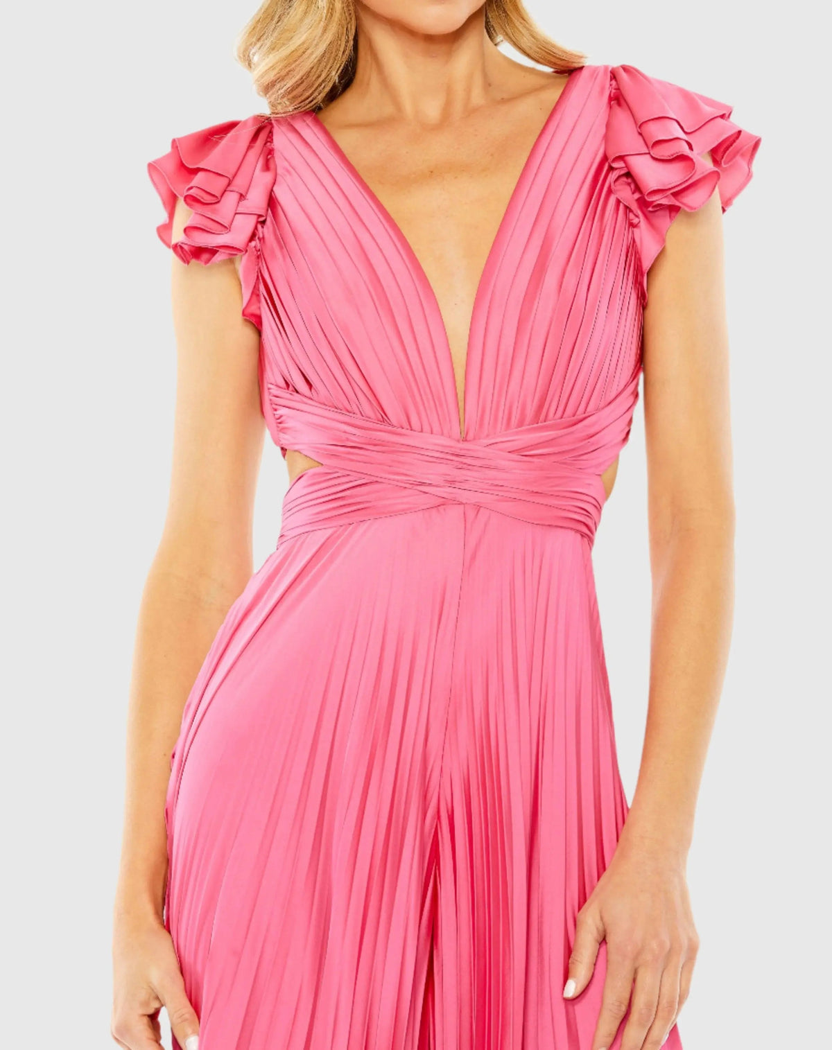 Women's Pink Ruffle Cap Sleeve Cutout Heat Pleated Jumpsuit