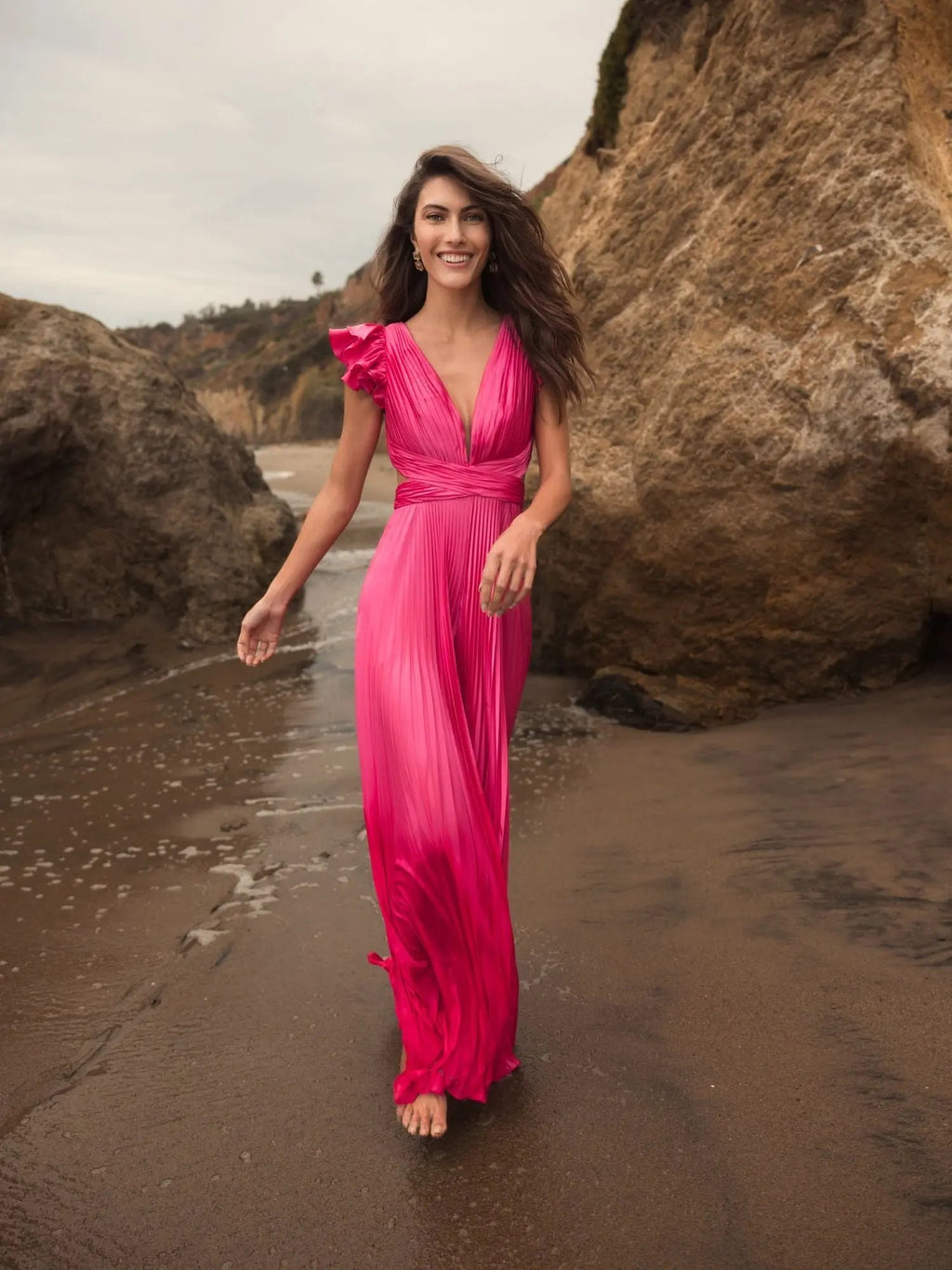 Women's Pink Ruffle Cap Sleeve Cutout Heat Pleated Jumpsuit
