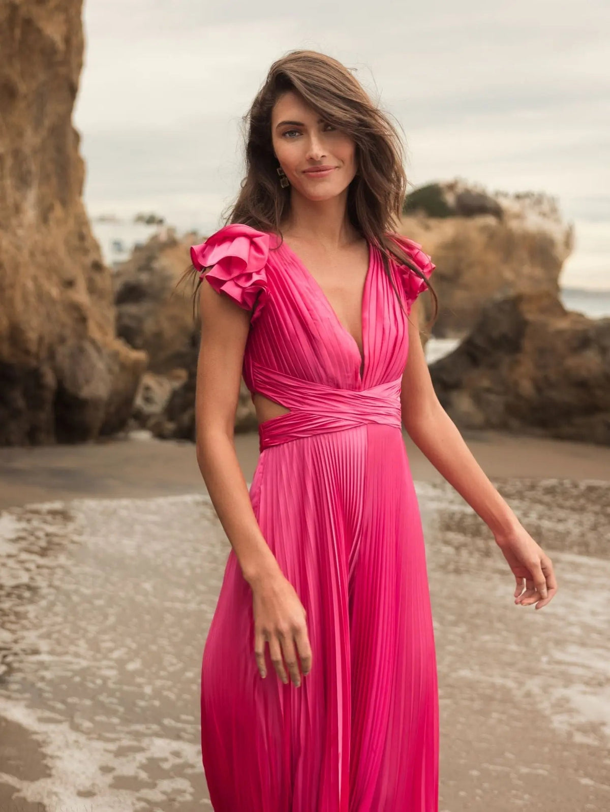 Women's Pink Ruffle Cap Sleeve Cutout Heat Pleated Jumpsuit