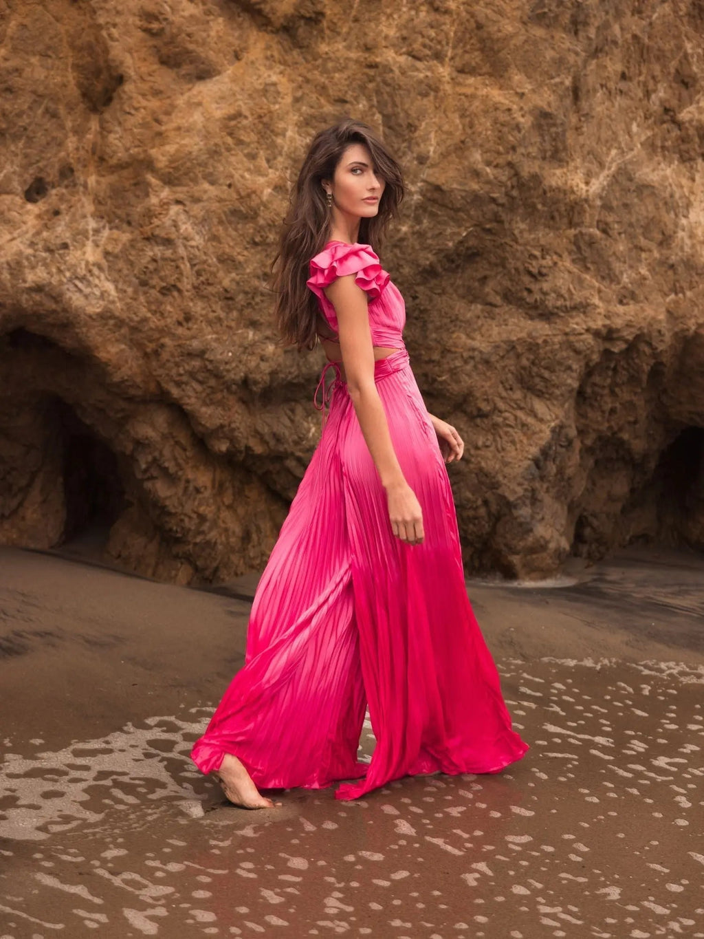 Women's Pink Ruffle Cap Sleeve Cutout Heat Pleated Jumpsuit