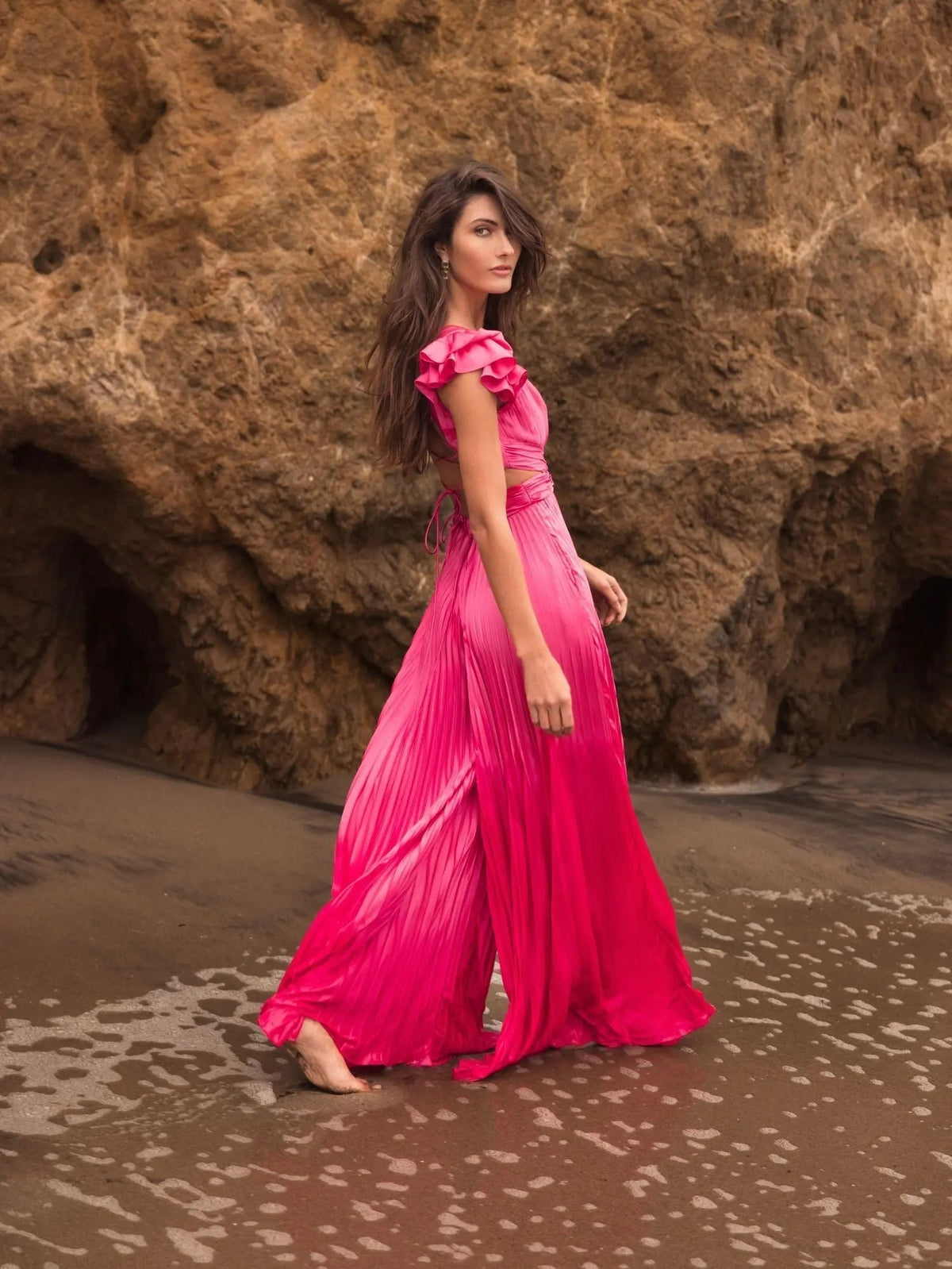 Women's Pink Ruffle Cap Sleeve Cutout Heat Pleated Jumpsuit