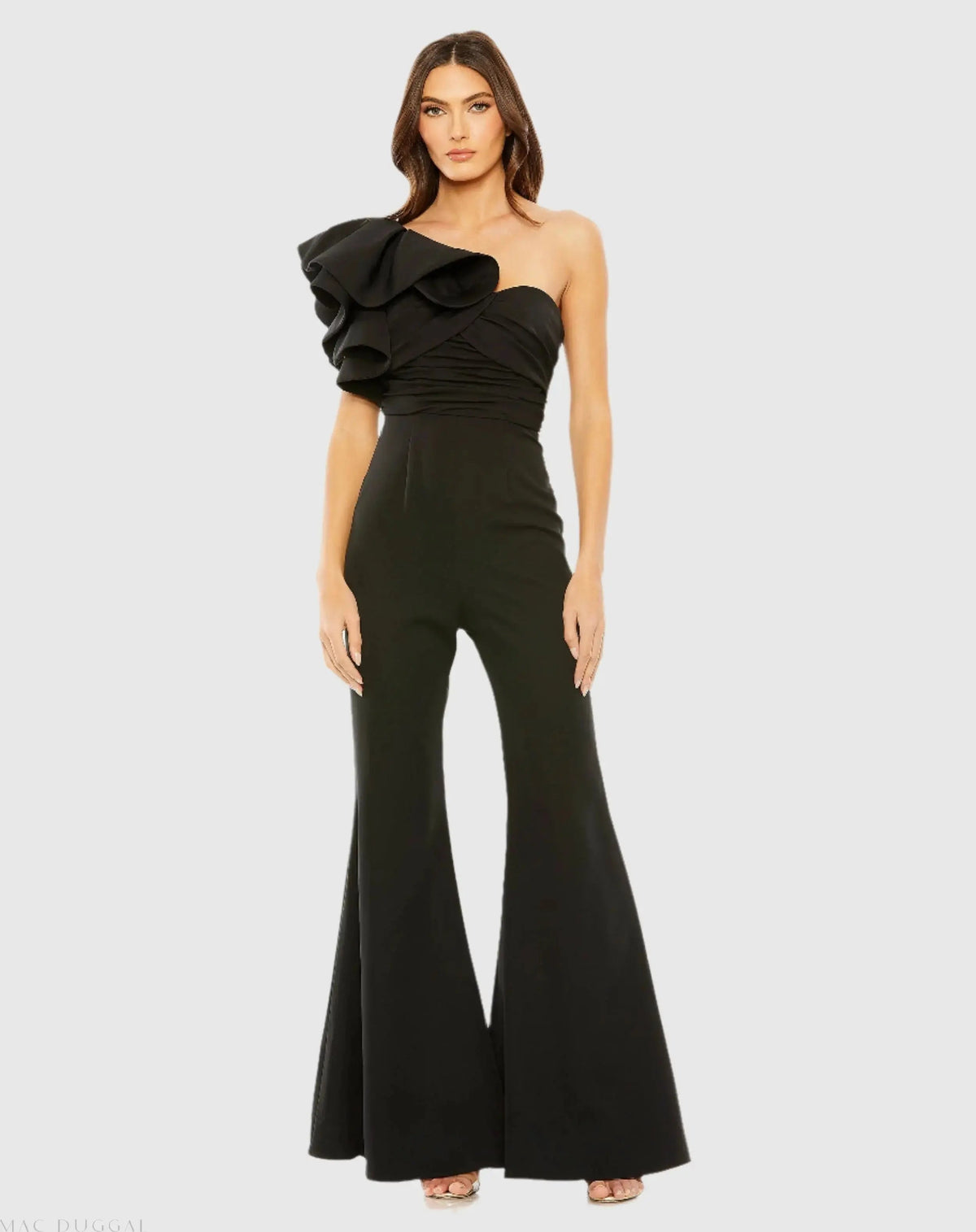 Women's One Shoulder Ruffle Detail Flare Pant Jumpsuit