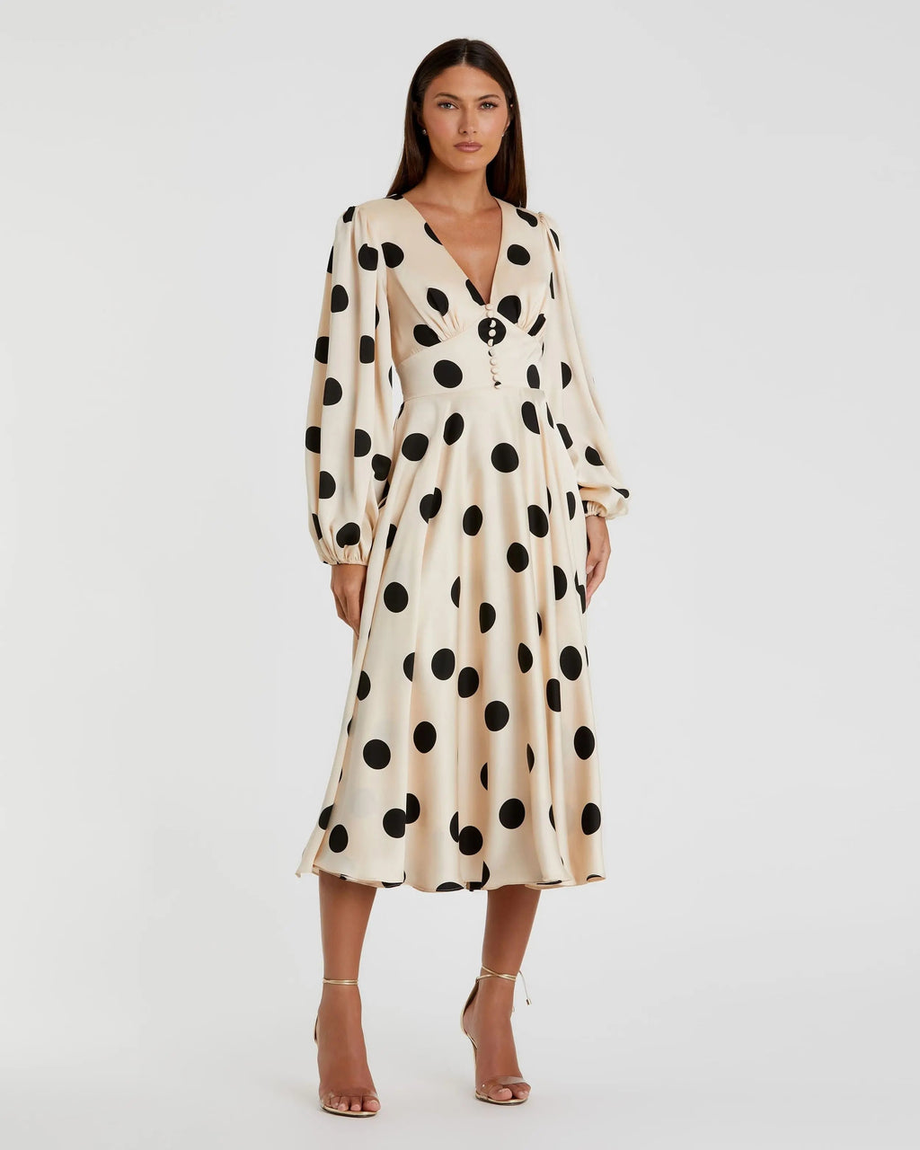 Women's Beige Midi Dress - Black Satin