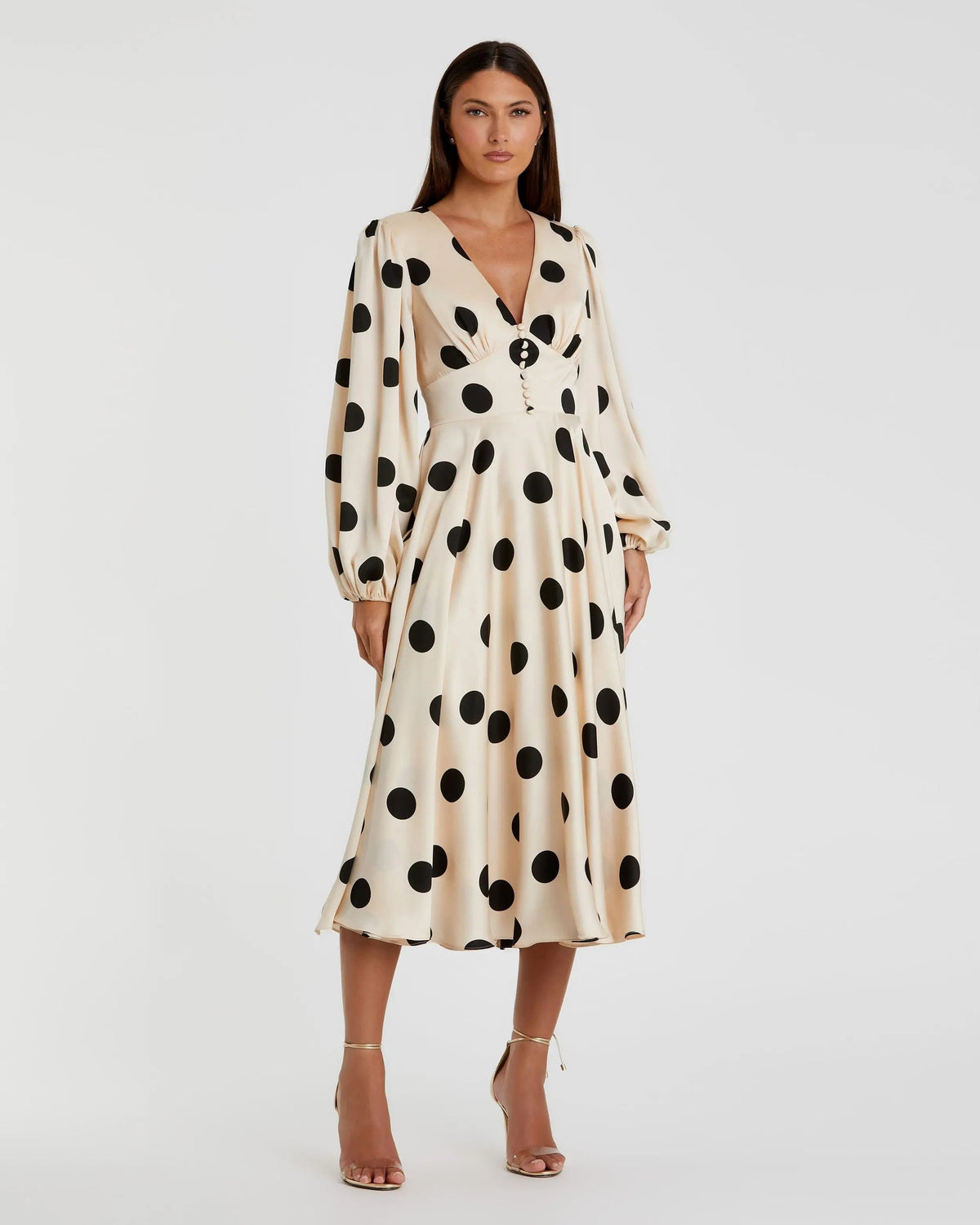 Women's Beige Midi Dress - Black Satin