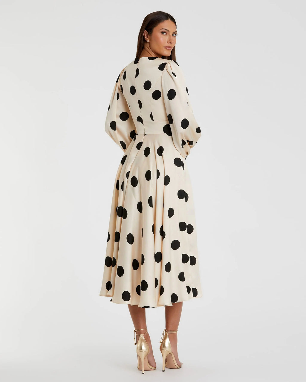 Women's Beige Midi Dress - Black Satin