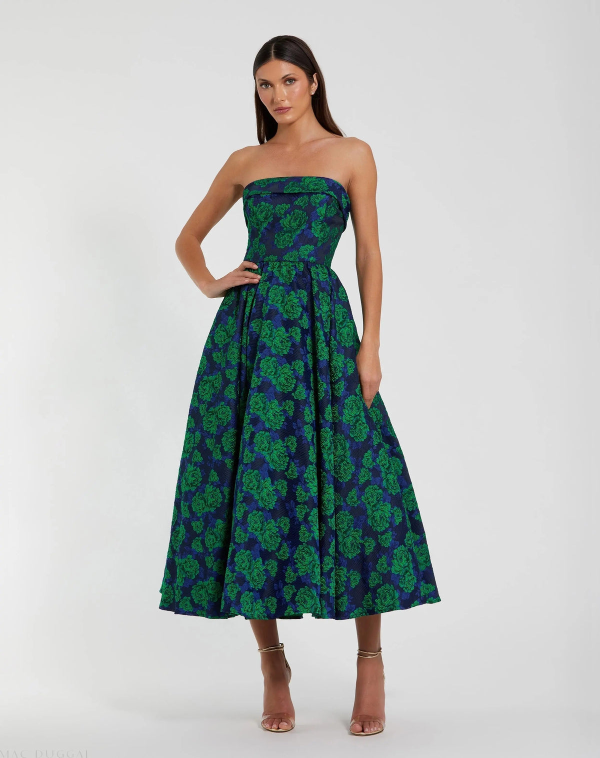 Women's Blue Midi Dress Strapless - Blue Floral