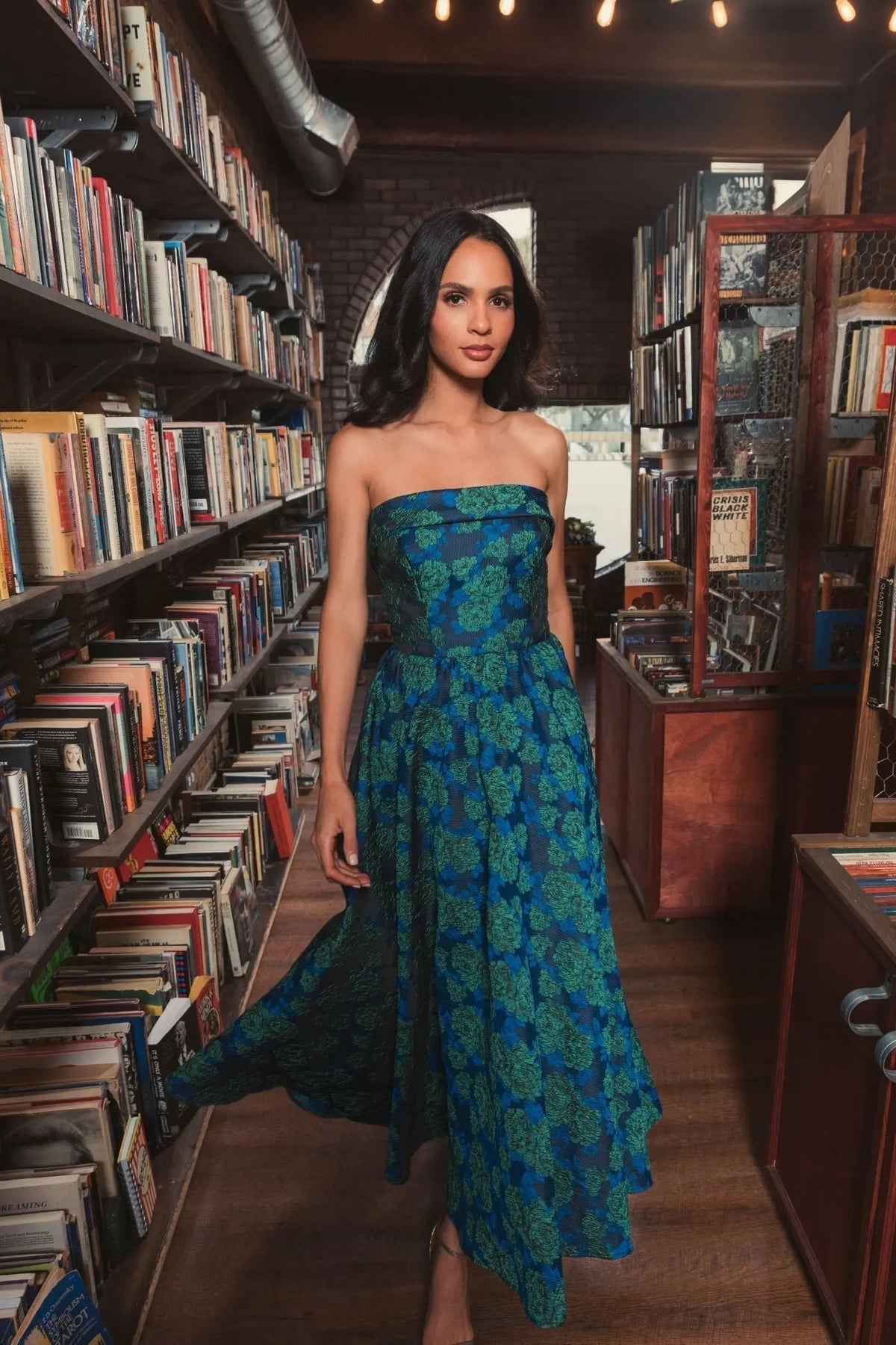 Women's Blue Midi Dress Strapless - Blue Floral