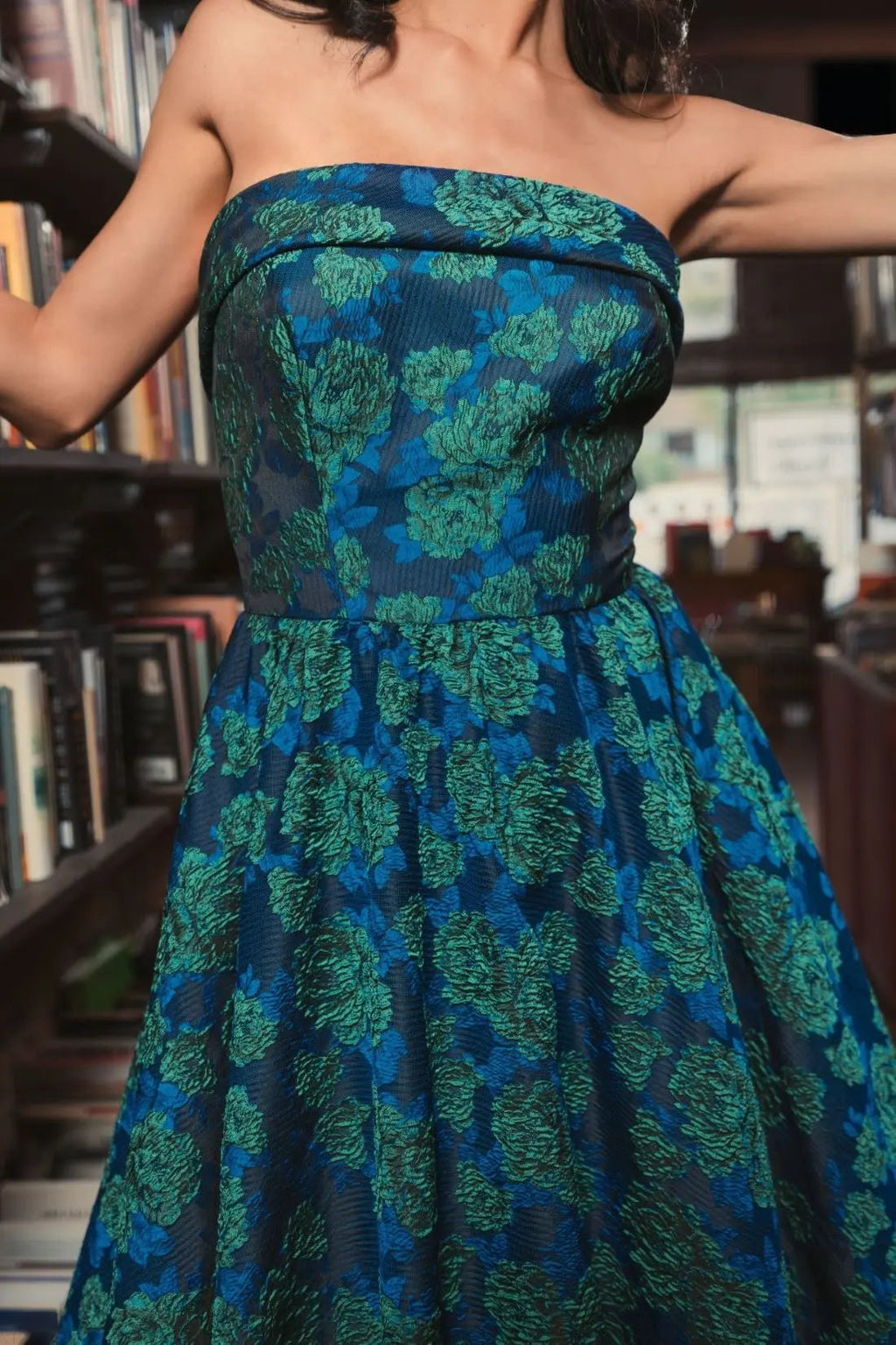 Women's Blue Midi Dress Strapless - Blue Floral