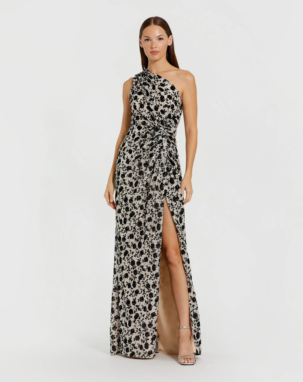 Women's Beige Dress Floral Sequin - Black Ruched One-Shoulder