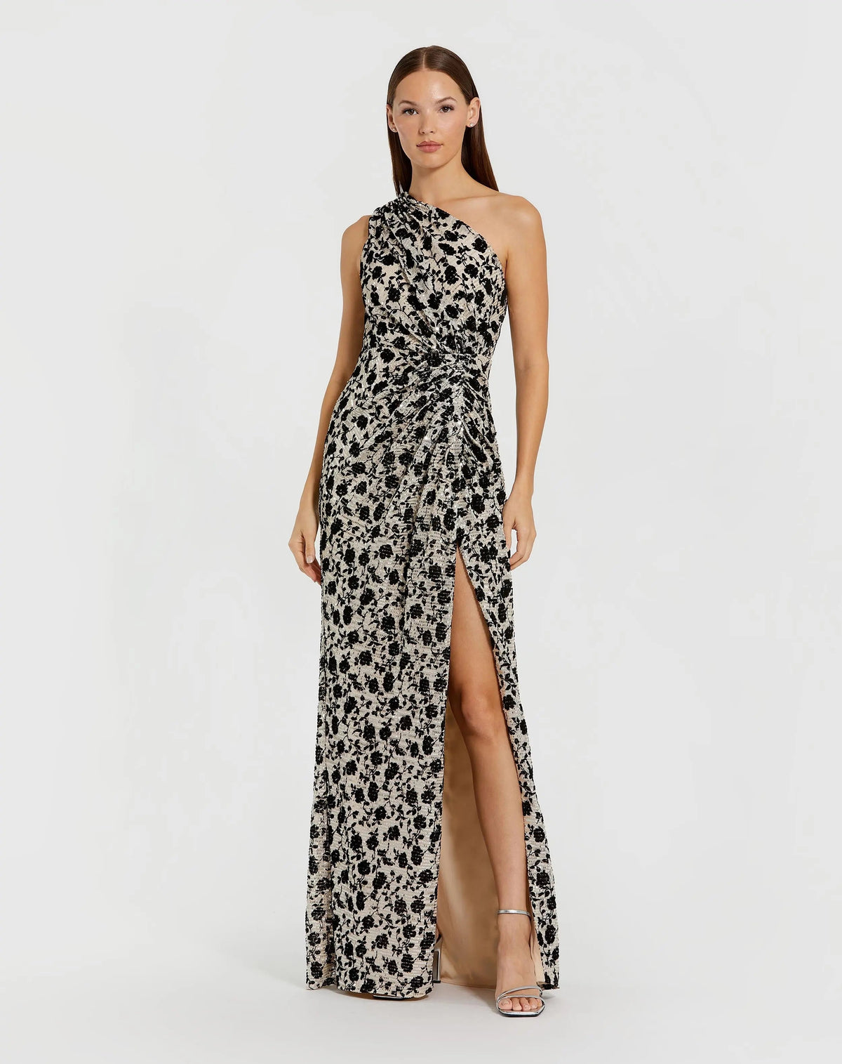 Women's Beige Dress Floral Sequin - Black Ruched One-Shoulder