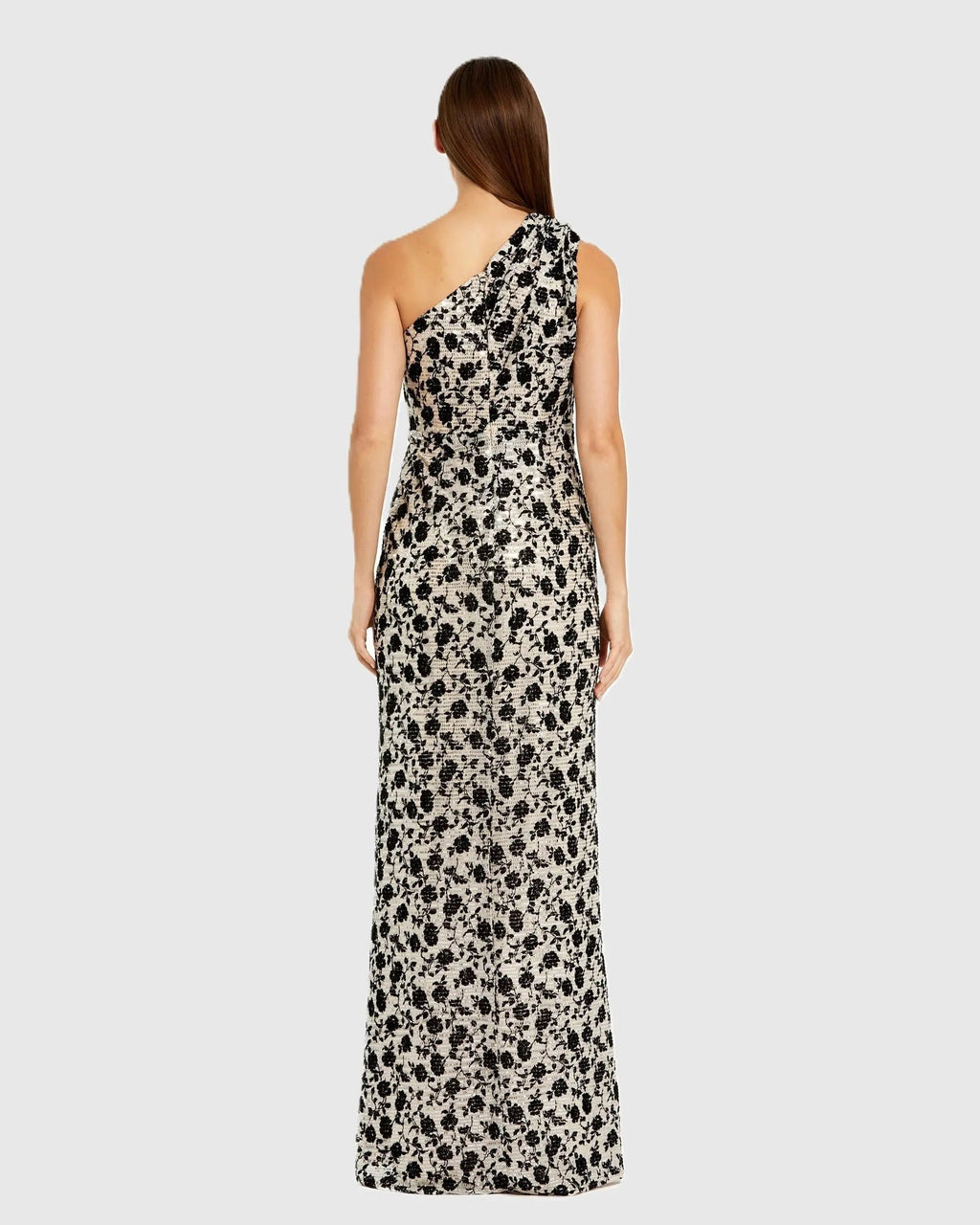 Women's Beige Dress Floral Sequin - Black Ruched One-Shoulder