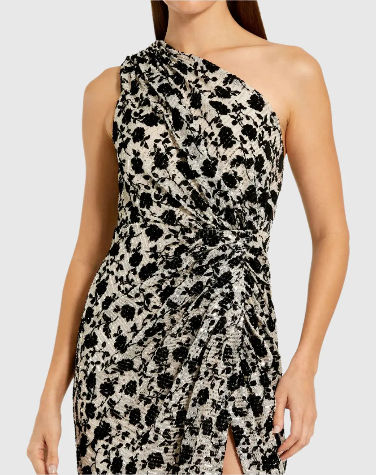Women's Beige Dress Floral Sequin - Black Ruched One-Shoulder