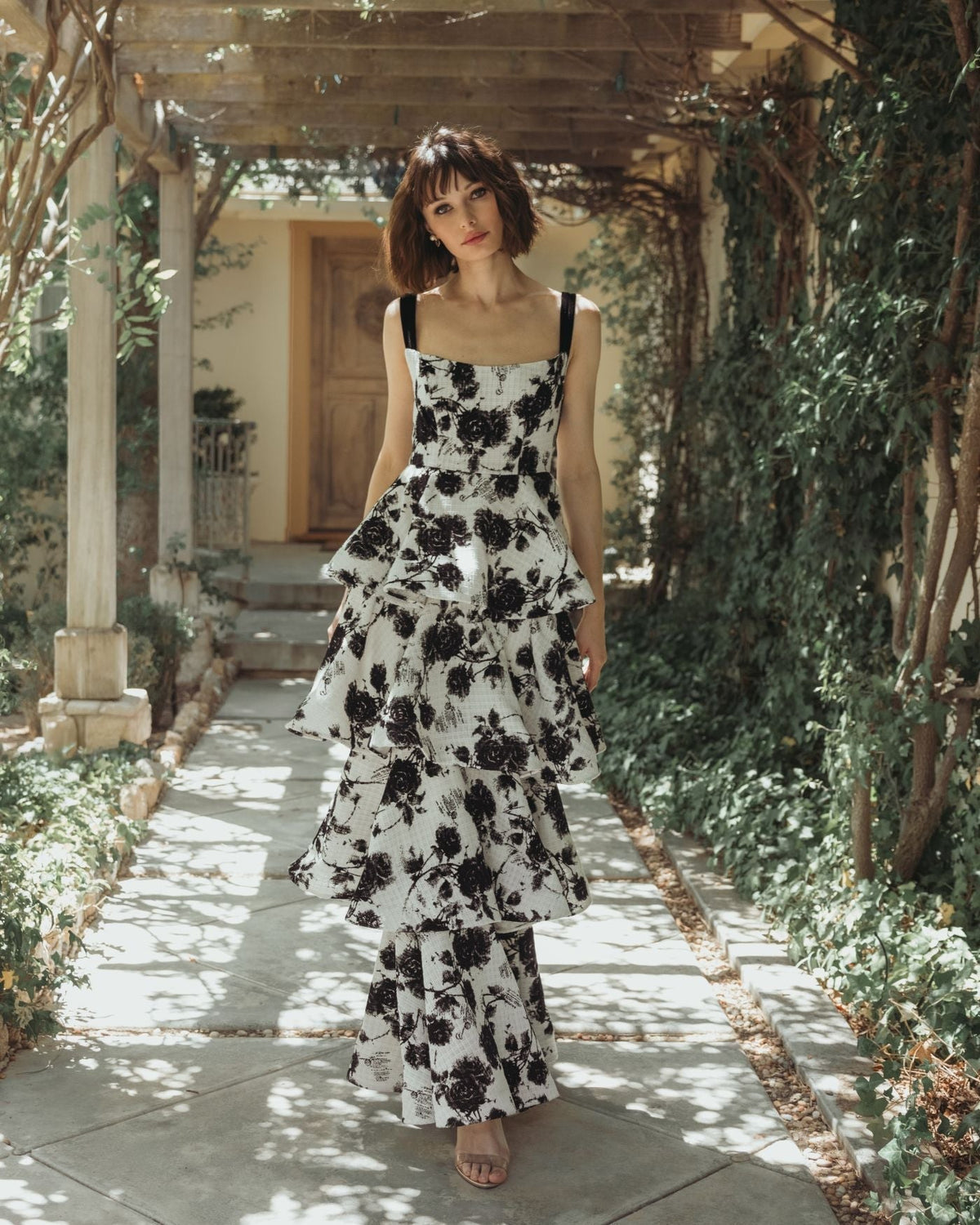Women's Black Dress Floral - Black Ruffle Velvet