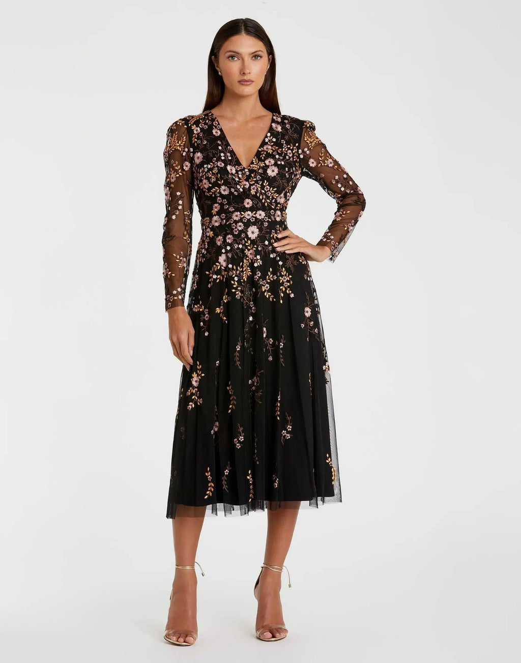 Women's Black Cocktail Dress Floral for Evening & Special Occasions - Black Sequin Mesh