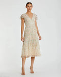 Women's Beige Midi Dress - Beige Floral Ruffle