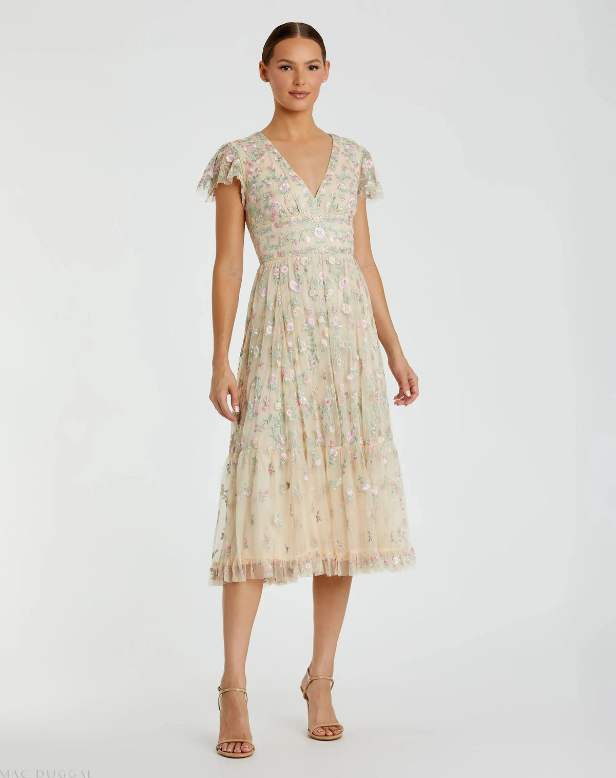 Women's Beige Midi Dress - Beige Floral Ruffle