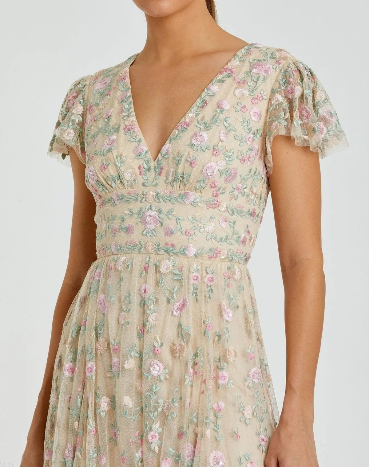 Women's Beige Midi Dress - Beige Floral Ruffle