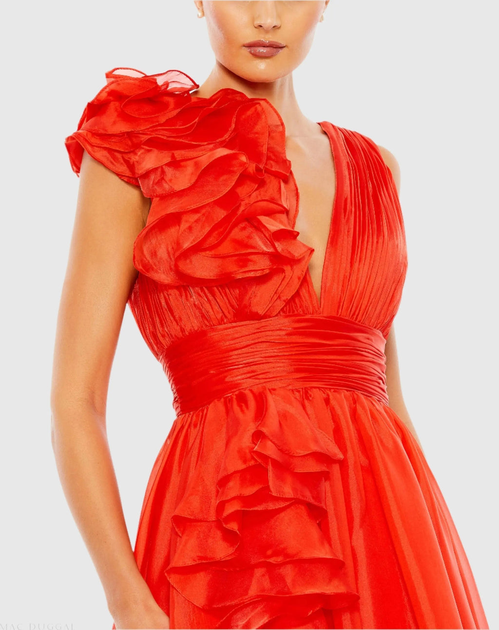 Women's Red Dress - Red Ruched Ruffle