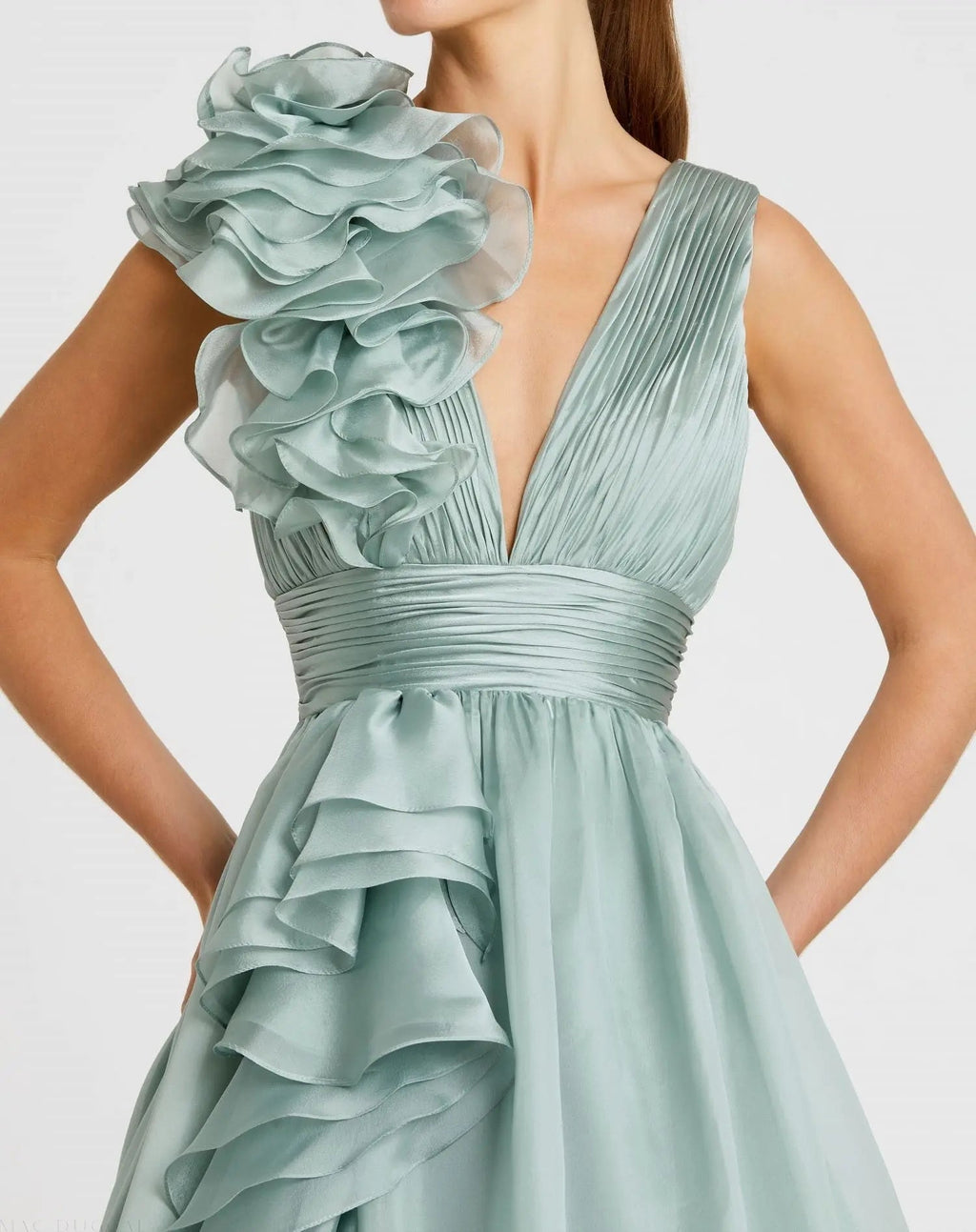 Women's Green Dress - Green Ruched Ruffle