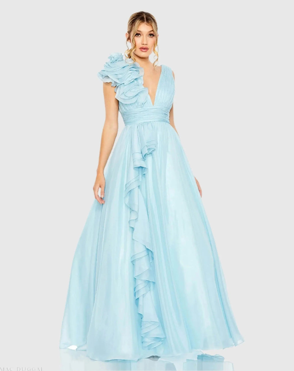 Women's Blue Dress - Blue Ruched Ruffle