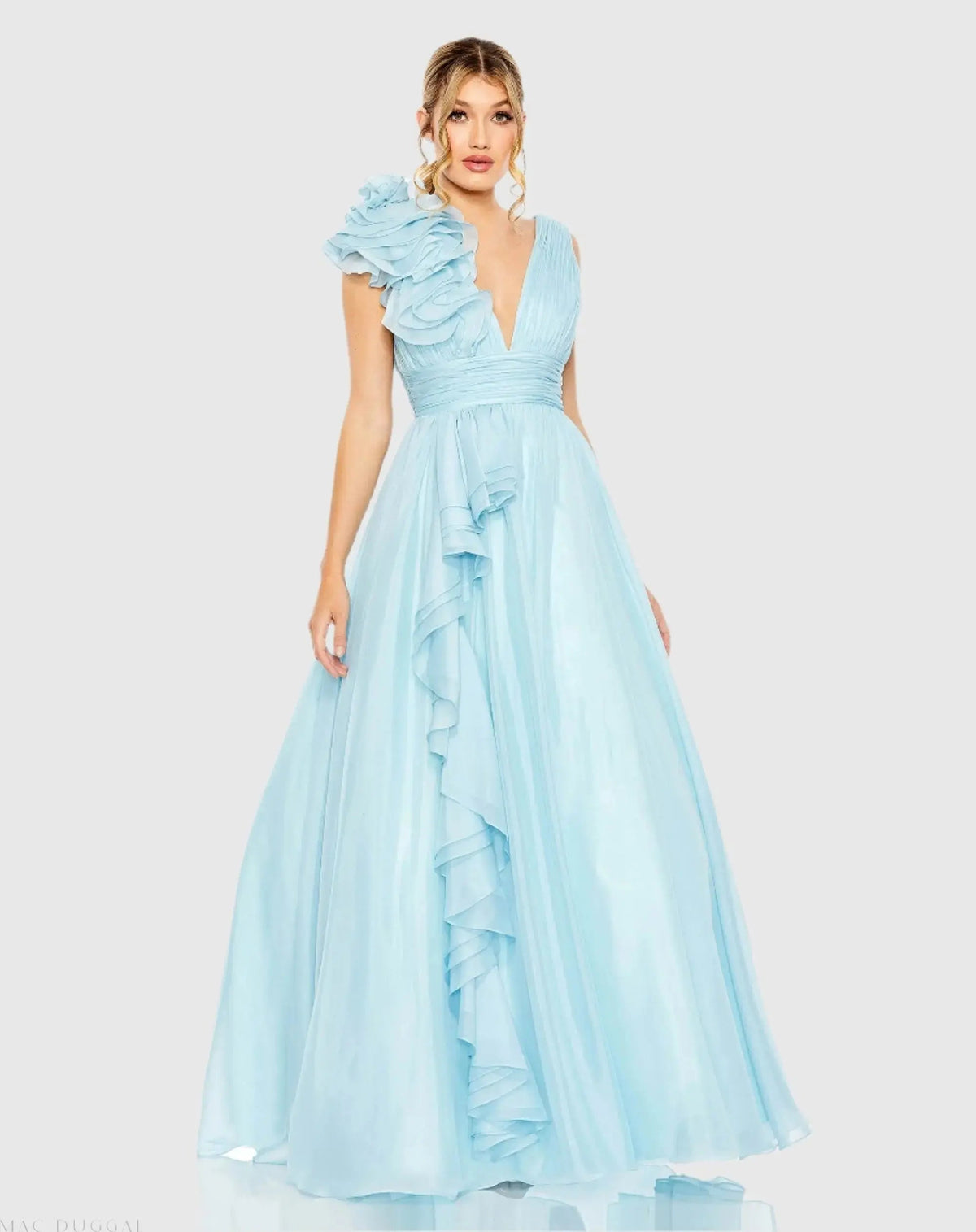 Women's Blue Dress - Blue Ruched Ruffle