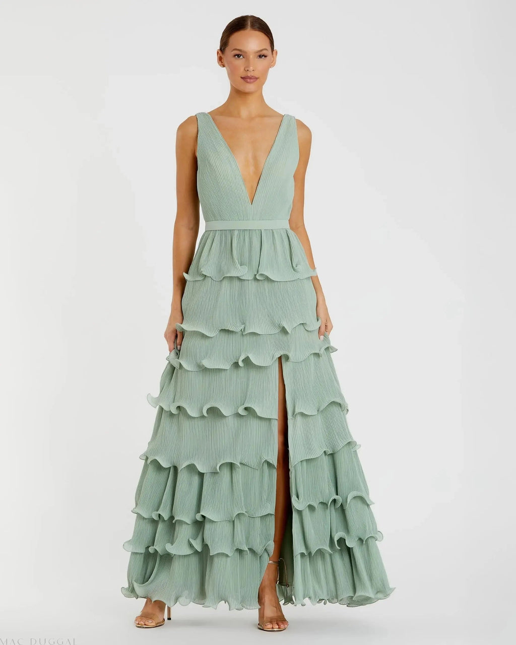 Women's Green Dress Sleeveless - Green Ruffle Pleated