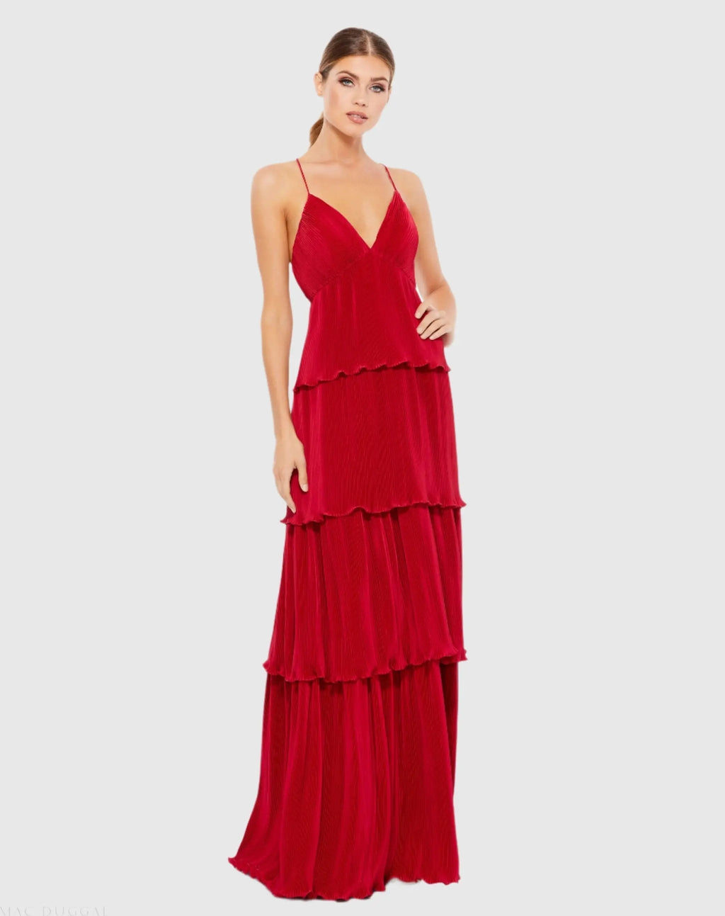 Women's Red Maxi Dress - Red Ruffle Pleated