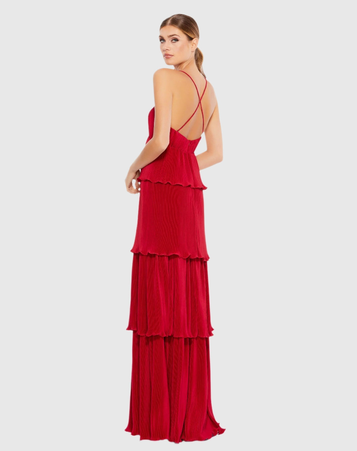 Women's Red Maxi Dress - Red Ruffle Pleated